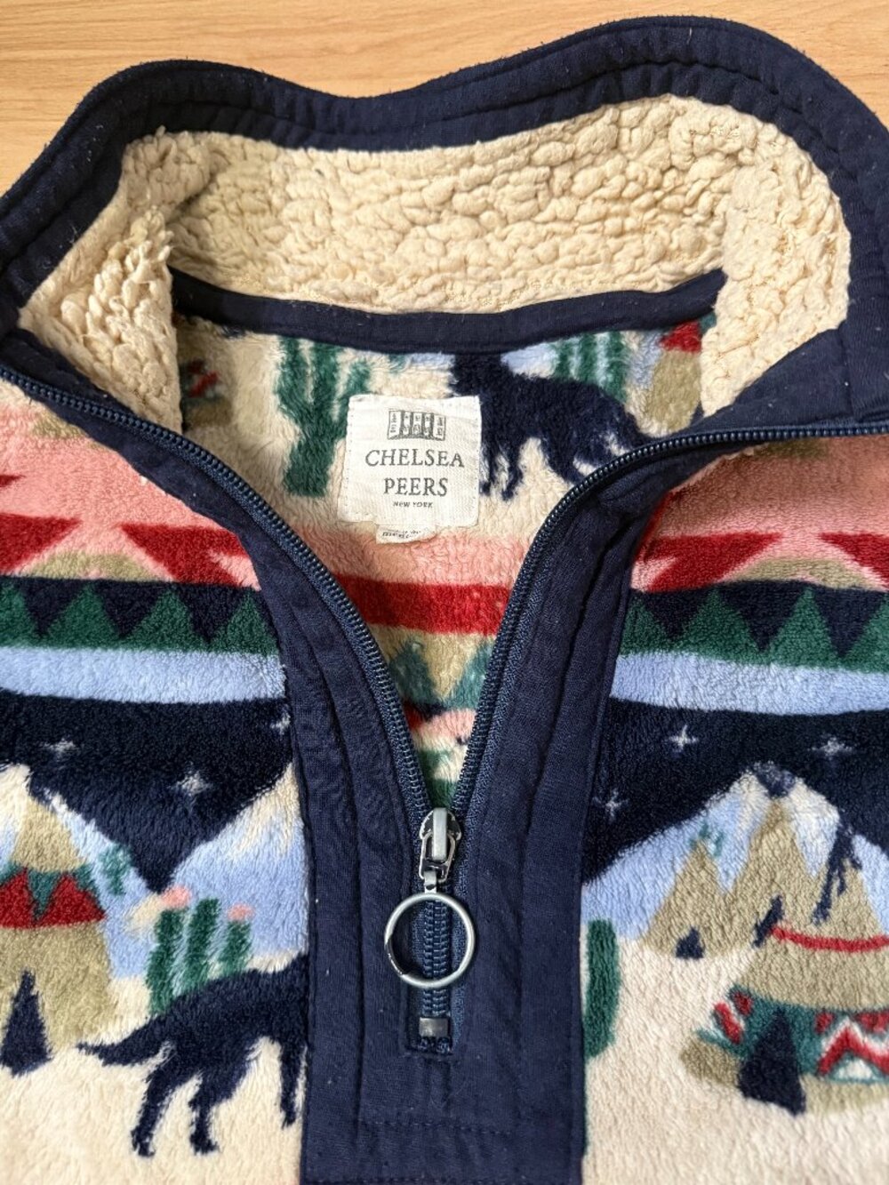 Chelsea Peers Aztec Winter Mountain Scene Quarter Zip Fleece Wolf Cactus Cozy M